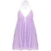 LIZAKOSHT - Purple Chiffon Backless Sleeveless Sundress Elegant Sexy Deep V Neck A-line Mini Dress Summer Beach Vacation Outfits