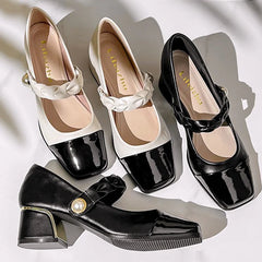 LIZAKOSHT - Women 4.5cm High Heels Elegant Evening Party Pumps Female Casual Pearl Buckle Strap Block Low Heels Lady Sweet Mary Jane Shoes