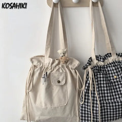 LIZAKOSHT - Korean Ins Simple Girls Canvas Bag Japanese Chic Y2k Aesthetic Casual Tote Bags Drawstring Pleated Shoulder Handbags for Women