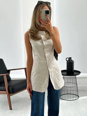 LIZAKOSHT - Newest Striped O-neck Women Vest Single Breasted Sleeveless Pocket Slim Female Tank 2024 Spring Summer Stylish Ladies Outwears