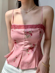 LIZAKOSHT - Y2k Pink Floral Print Crop Top Women Lace Patchwork Slim Fit Backless Camis Summer Edgy Clothes for Sexy Girl Streetwear