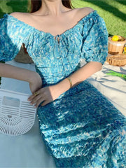 LIZAKOSHT - Elegant Holiday Puff Sleeve Long Dress Blue Print Off Dress For Women Sexy Korean High Waist Beach Vestido
