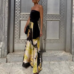 LIZAKOSHT - Women One Shoulder Tube Tops Blouse with Long Skirts Suit Temperament Outfits Elegant Floral Print Pleat Banquet Dress Set