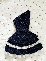 LIZAKOSHT - Sexy Polka Dot Dresses Y2k Woman Clothes Punk Lace Slim Short Skirt vintage Off-Shoulder High Street Sweet Basics Elegant Dress