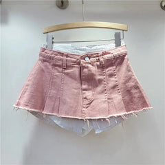 LIZAKOSHT - Trendy Women Denim Mini Skirt High Waist Fake Two Piece A Line Irregular Hem Autumn Fashion Skirt
