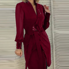 LIZAKOSHT - Fashion Sequin Patchwork Mesh Mini Dresses Elegant V Neck See-through Sleeve Lace Up Dresses Office Lady Commute Pleated Dresses