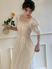 LIZAKOSHT - Women Squre Collar Lace Patchwork Summer Dress Female Puff Sleeve High Waist Solid Princess Dress Fahsion Party Dress