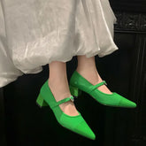 LIZAKOSHT - Leather Custom Rhinestone Metal Belt Buckle Mary Jane Women's Shoes Retro Pointed Square Heel Casual Shoes for Wedding Banquet