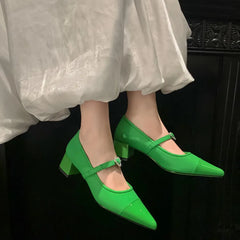 LIZAKOSHT - Leather Custom Rhinestone Metal Belt Buckle Mary Jane Women's Shoes Retro Pointed Square Heel Casual Shoes for Wedding Banquet