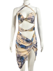 LIZAKOSHT - Summer Tie-Dye Print Halter Ruched Mini Dress Midnight Party For Women 2024 Hollow Out Irregular Waistless Sexy Dresses