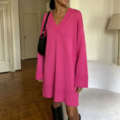 Lizakosht V Neck Sweater Women Mid Length Solid Loose Relaxed Knit Vacation Casual Dresses For Autumn Winter Pareo Outlet Vestido