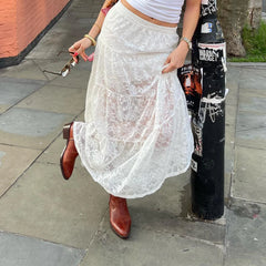 LIZAKOSHT - Y2K Fairy Coquette Women Lace Skirt Elegant High Waist Flowy Swing Skirt Summer Long Sheer Skirt for Casual Daily