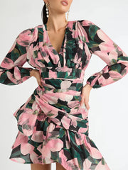 LIZAKOSHT - Print Irregular Dresses For Women V Neck Lantern Sleeve High Waist A Line Ruched Mesh Tunic Mini Dress Female Fashion New