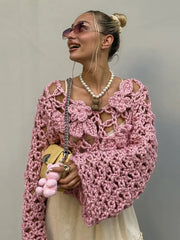 LIZAKOSHT - Knit Flower Pink Women's Sweater Autumn Hollow Out V-neck Long Sleeve Female Pullover 2025 Fashion Thin Lady Loose Knitwear