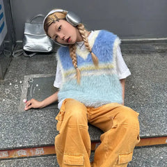 LIZAKOSHT  -  American Mint Style Contrasting Color V-neck Knitted Vest for Women Autumn and Winter New Mink Fur Loose Sleeveless Sweater