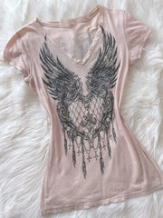 LIZAKOSHT - Ropa Mujer Pink Angel T-shirts Vintage Camisetas Print T Shirt Goth Academia American Grunge Subcultural High Street Tops
