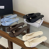 LIZAKOSHT - New Fashion Metal Pearls Shallow Square Toe Women Slippers Summer Low Heels Banquet Dress Female Shoes