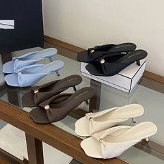 LIZAKOSHT - New Fashion Metal Pearls Shallow Square Toe Women Slippers Summer Low Heels Banquet Dress Female Shoes