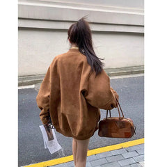 LIZAKOSHT - Vintage Brown Bomber Jackets Women Autumn Single Breasted Full Sleeve Female Coats Fashion Streetwear Office Baseball Outerwears