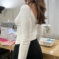 LIZAKOSHT - Contrast Lace V-neck Top Coquette Aesthetic Folds Chest Long Sleeve T-shirt Y2K Sexy Slim-fit Knitted Tops Fall Spring