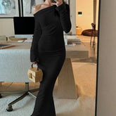 LIZAKOSHT - Fall Sexy Skew Collar Long Sleeve Party Dress Women Casaul Solid Slim Bodycon Hips Dress Spring Ladies Elegant Boho Long Dresses