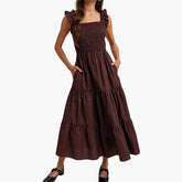 LIZAKOSHT - Cottage Vintage Plaid Maxi Dress Women Ruffles Sleeveless Sqaure Collar Flowy Long Dress Gingham Shirred Elastic A-line Dresses