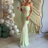 LIZAKOSHT - Design Sense Women's New Sexy Bandeau Long Skirt Pleated Mesh Panelled Sheer Lace Dress