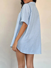 LIZAKOSHT - Women Lounge Outfits Lapel Neck Short Sleeve Button Down Tops + Elastic Waist Shorts Plaid 2 Piece Pajama Set Summer Loungewear