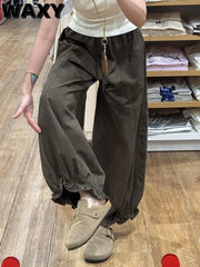 LIZAKOSHT - Casual Sweet Bloomers Pants Women High Waist Loose Vintage Ruffle Wide Leg Trouser All Match Lace Up Solid Harajuku Harem Pants