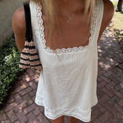 LIZAKOSHT - Women Lace Trim Mini Cami Dress Spaghetti Strap Square Neck Short Dress Boho Loose Flowy Backless Babydoll Dresses