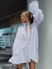 LIZAKOSHT - Fashion Lace Up Short Dress For Women Stand Flare Sleeve Hollow Out Draped Vestidos 2025 Summer Elegant Female Casual Dresses