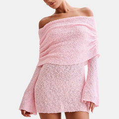 LIZAKOSHT - Sexy Women Bodycon Knitted Mini Dress Elegant Lady Boat Neck Off Shoulder Long Sleeve Casual Fuzzy Short Dress Party Cub
