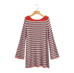 LIZAKOSHT - Women Long sleeve Hollow Out Knitwear Jumper Knitwear Autumn Crew neck Contrast Color Striped Midi Pullover Sweater