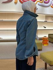 LIZAKOSHT - Fashion Blue Women's Denim Jacket Lapel Button Up Fit Waist Cinching Jean Coats Spring Casual Street Lady New Outerwear