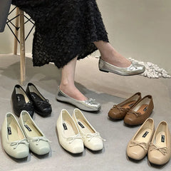 LIZAKOSHT - Sliver New Women Flat Shoes Fashion Square Toe Shallow Slip On Ladies Casual Ballet Shoes Soft Leather Outdoor Loafers S