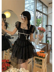 LIZAKOSHT - Women Square Collar Patchwork Mesh Dress Puff Sleeve Plain High Waist Pullover Mini Dresses Female Summerblack party dress