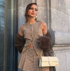 LIZAKOSHT - Plaid Skirt Suit Slim Suit Women's 2-piece O-neck Vest+trouser Skirt Summer Ladies' Elegant Suit New