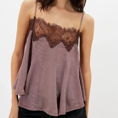 LIZAKOSHT - Summer Women Sleeveless Cami Top, Contrast Spliced Lace Edge Spaghetti Strap Tee for Daily Casual Wear