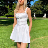 LIZAKOSHT - Cotton White Lace Strap Dress for Women Party Sexy Sleeveless High Waist Mini Dresses Summer Boho Beach Ruffles Vestidos