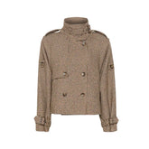 LIZAKOSHT  -  Vintage Women Stand Collar Plaid Coat Long Sleeve Double Button Pockets Thick Cropped Jacket 2025 Autumn Winter Lady Outwear