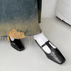 LIZAKOSHT - Fashion Pumps New High Quality True Leather Square Head T-shaped High Heels Mary Jane Shoes Commuter Women's Shoes