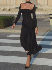 LIZAKOSHT - O Neck Casual Spring Autumn Maxi Dress, Women Holiday Long Sleeve Fashion Party Dress, New Patchwork Simple Ladies Dress Vestido