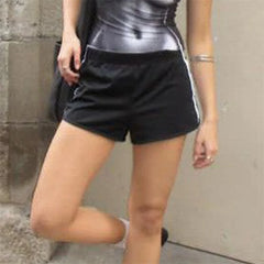 LIZAKOSHT - Striped Shorts y2k Clothes Women Casual Elastic Low Waist Loose Hot Pants with Pockets Summer 2000s Clothing Streetwear