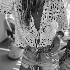 LIZAKOSHT - Autumn Sexy V-neck Lace-Up Knit Cardigan Women's Casual Long Sleeve Solid Color Shirt Spring Elegant Hollow Out Jacquard Blouse