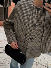 LIZAKOSHT - Solid Wool Cape Style Coat Women Scarf Detail Button Front Full Sleeve Loose Jacket 2025 Autumn Elegant Female Casual Outerwear