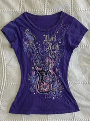 LIZAKOSHT - 2000s Subculture Vintage Purple Print T-Shirt Women Y2k American Retro Slim Tees Summer 90s Grunge Casual Harajuku Fashion Tops