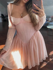 LIZAKOSHT - Lace Underwired Long Sleeve Sundress Large Swing Skirt Dress For Women Beach Dress Party Holiday Vestidos Lady K5990
