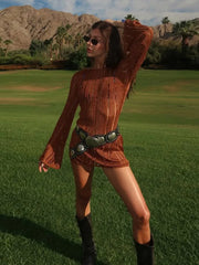 LIZAKOSHT - Fashion Knitted Striped Short Dress For Women O-neck Flare Sleeve Backless Lace Up Dresses 2025 Summer Chic Lady beach Vestidos