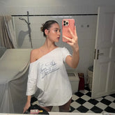 LIZAKOSHT - Letter Print Graphic T Shirts White Oversized One Shoulder Tops Womens Summer Fashion Clothing Trends 2025
