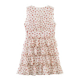 LIZAKOSHT - Sweet Beige Floral Print Cross Deep V neck Mini Sleeveless Dress Women Slim Waist Tierred Ruffles Cake Dresses A-lined Robe